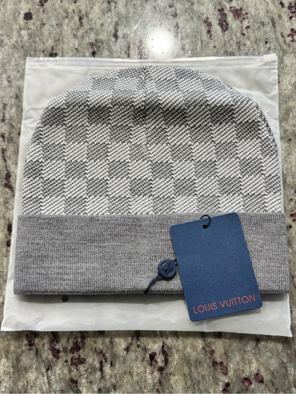 Louis Vuitton Gray Checker Knit Hat with Navy Tag - Picture 2 of 3